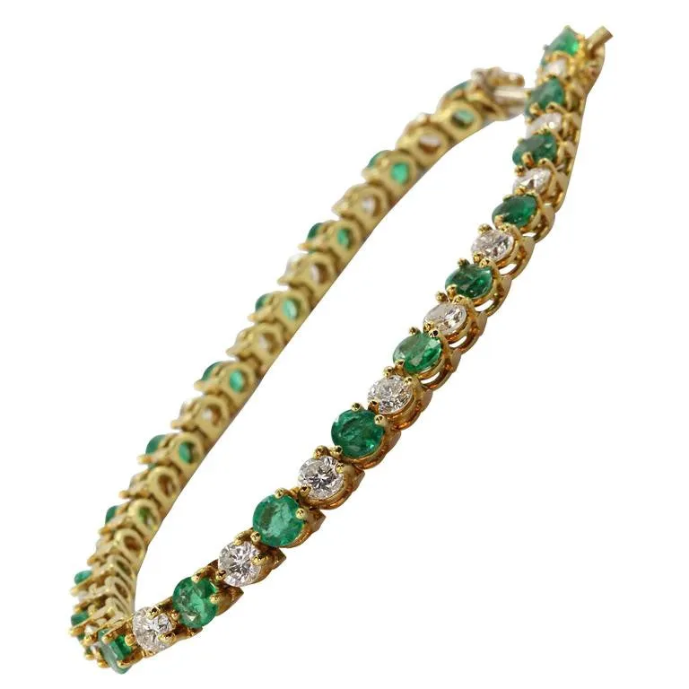 18K Gold Emerald Diamond Tennis Bracelet 7.25 Carats Total