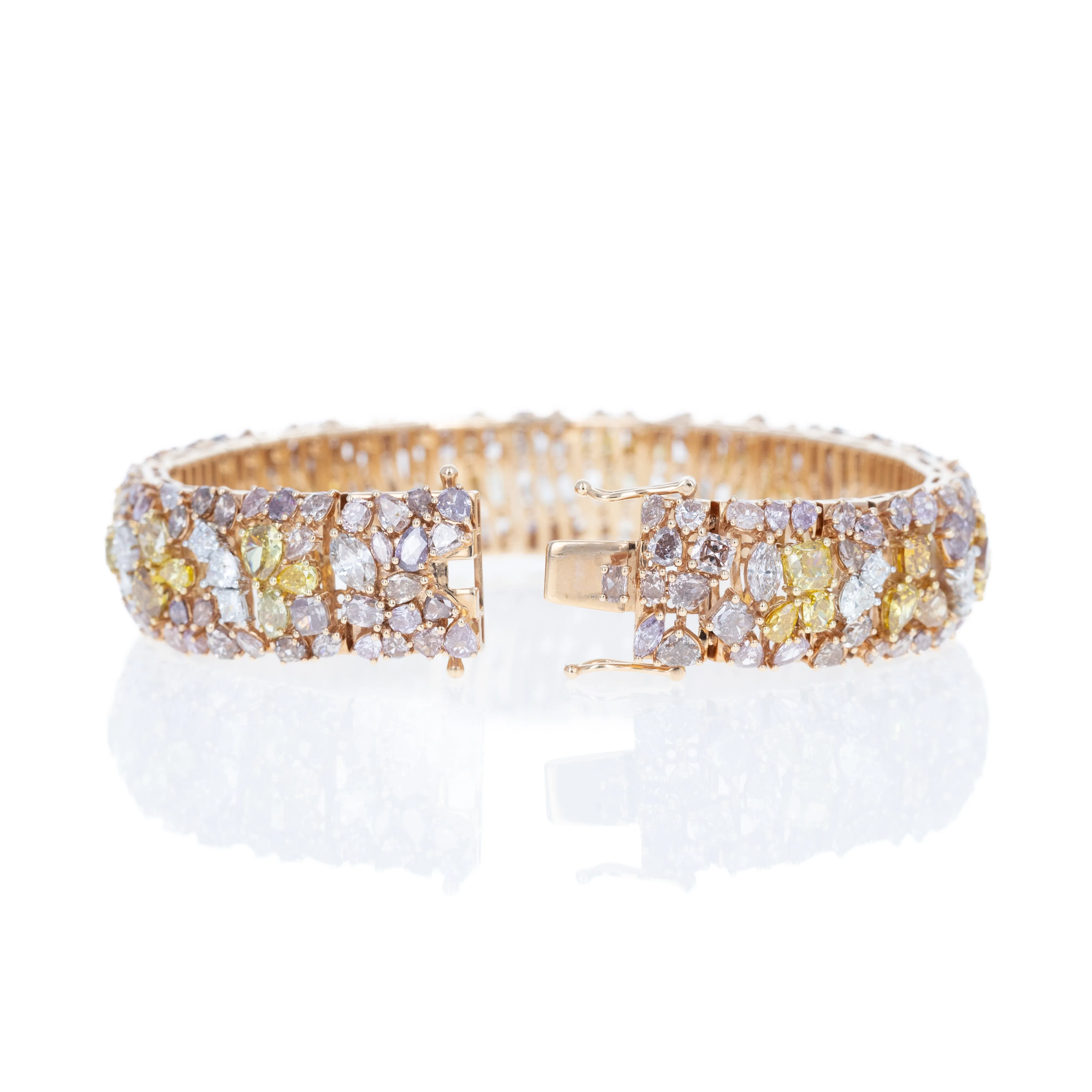 18K Rose Gold 34.14 Carat Fancy Shape Multicolor Diamond Cluster Bracelet