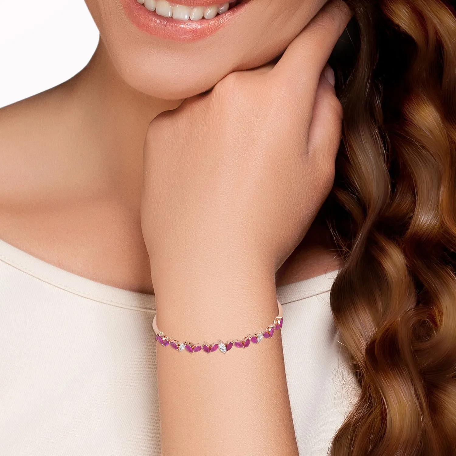 18K Rose Gold Marquise Cut Ruby Prong Rose Cut Diamond Cuff Bracelet Fashion Jewelry