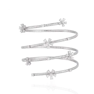 18K White Gold Spiral Bracelet with Diamond Flowers