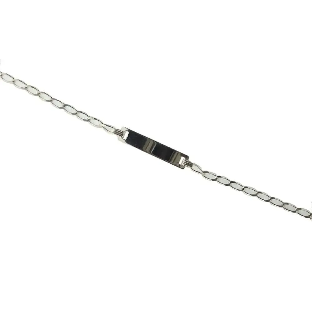 18K Yellow Gold open link  Id bracelet with white gold border satin plate  7 inches with extra ring at 6.25 inch