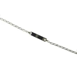 18K Yellow Gold open link  Id bracelet with white gold border satin plate  7 inches with extra ring at 6.25 inch