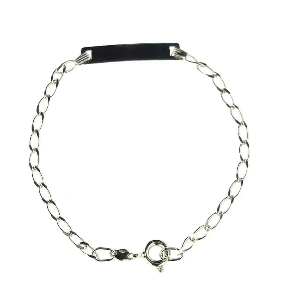 18K Yellow Gold open link  Id bracelet with white gold border satin plate  7 inches with extra ring at 6.25 inch