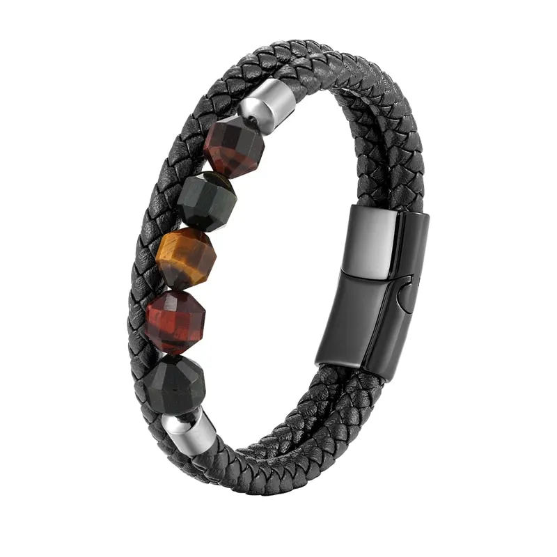 2021 New 10mm Cut Corner Natural Tiger's Eye Energy Bracelet Sweet And Romantic Couple Double-Layer Leather Rope 316 Stainless S