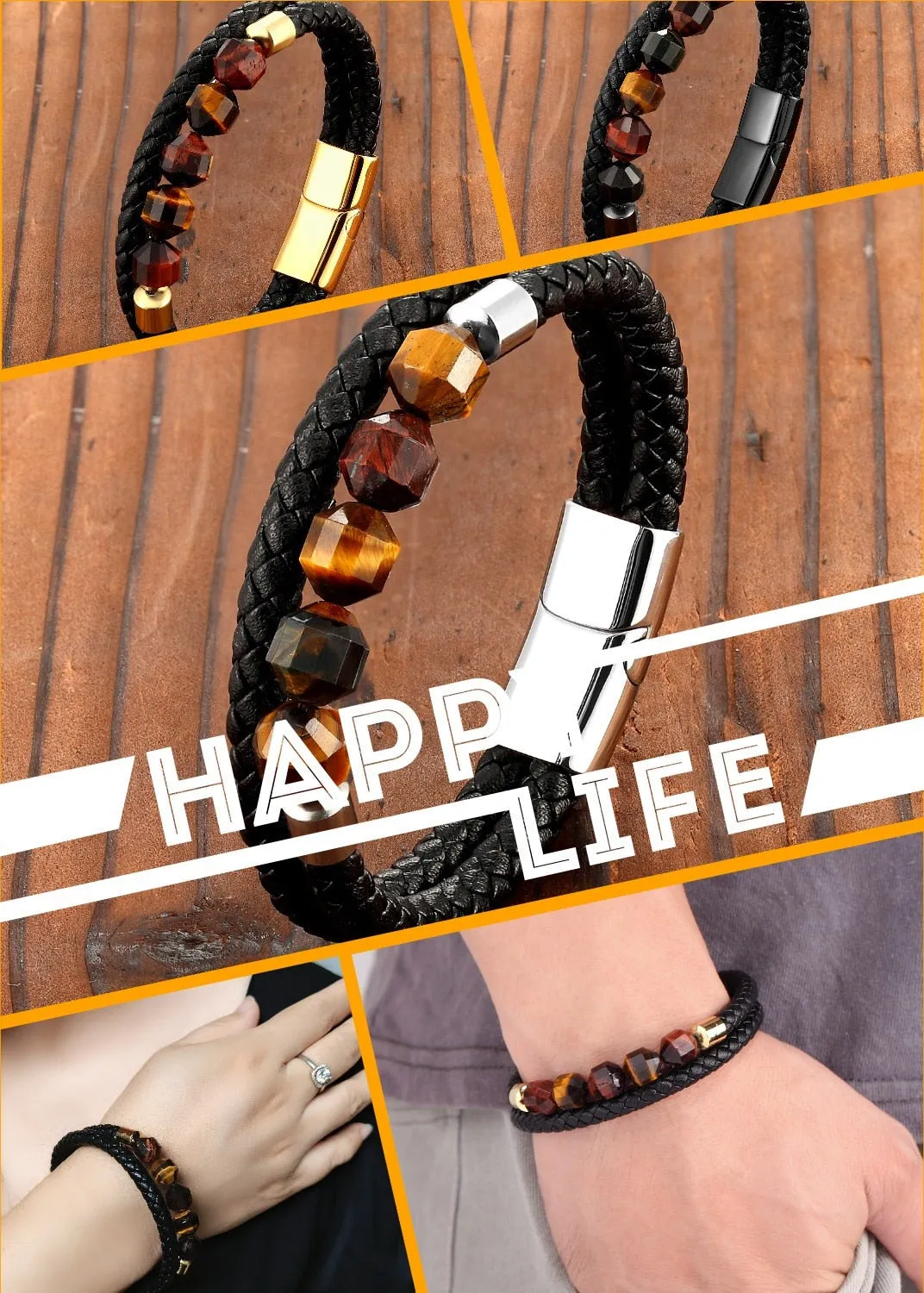 2021 New 10mm Cut Corner Natural Tiger's Eye Energy Bracelet Sweet And Romantic Couple Double-Layer Leather Rope 316 Stainless S