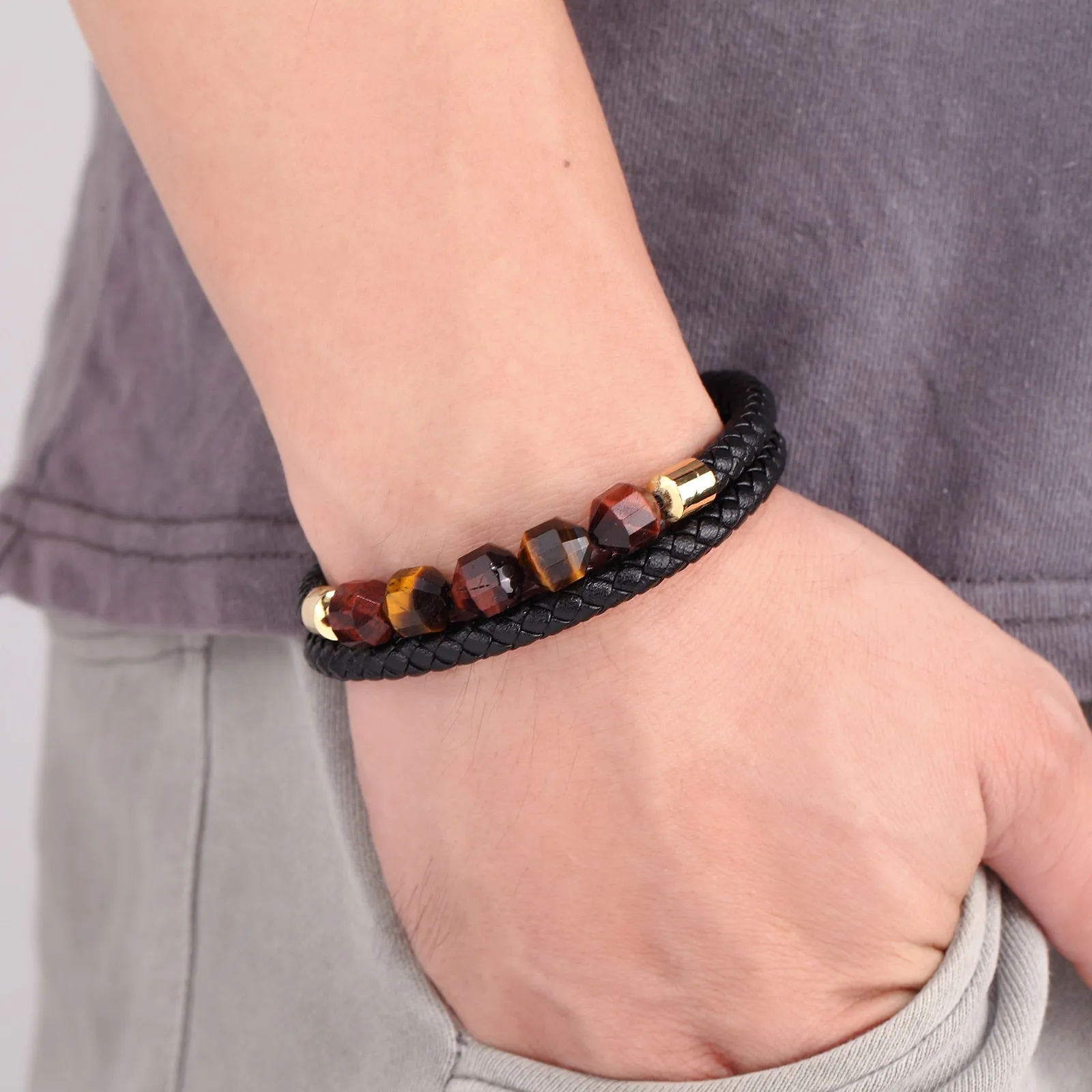 2021 New 10mm Cut Corner Natural Tiger's Eye Energy Bracelet Sweet And Romantic Couple Double-Layer Leather Rope 316 Stainless S