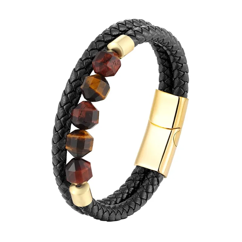 2021 New 10mm Cut Corner Natural Tiger's Eye Energy Bracelet Sweet And Romantic Couple Double-Layer Leather Rope 316 Stainless S