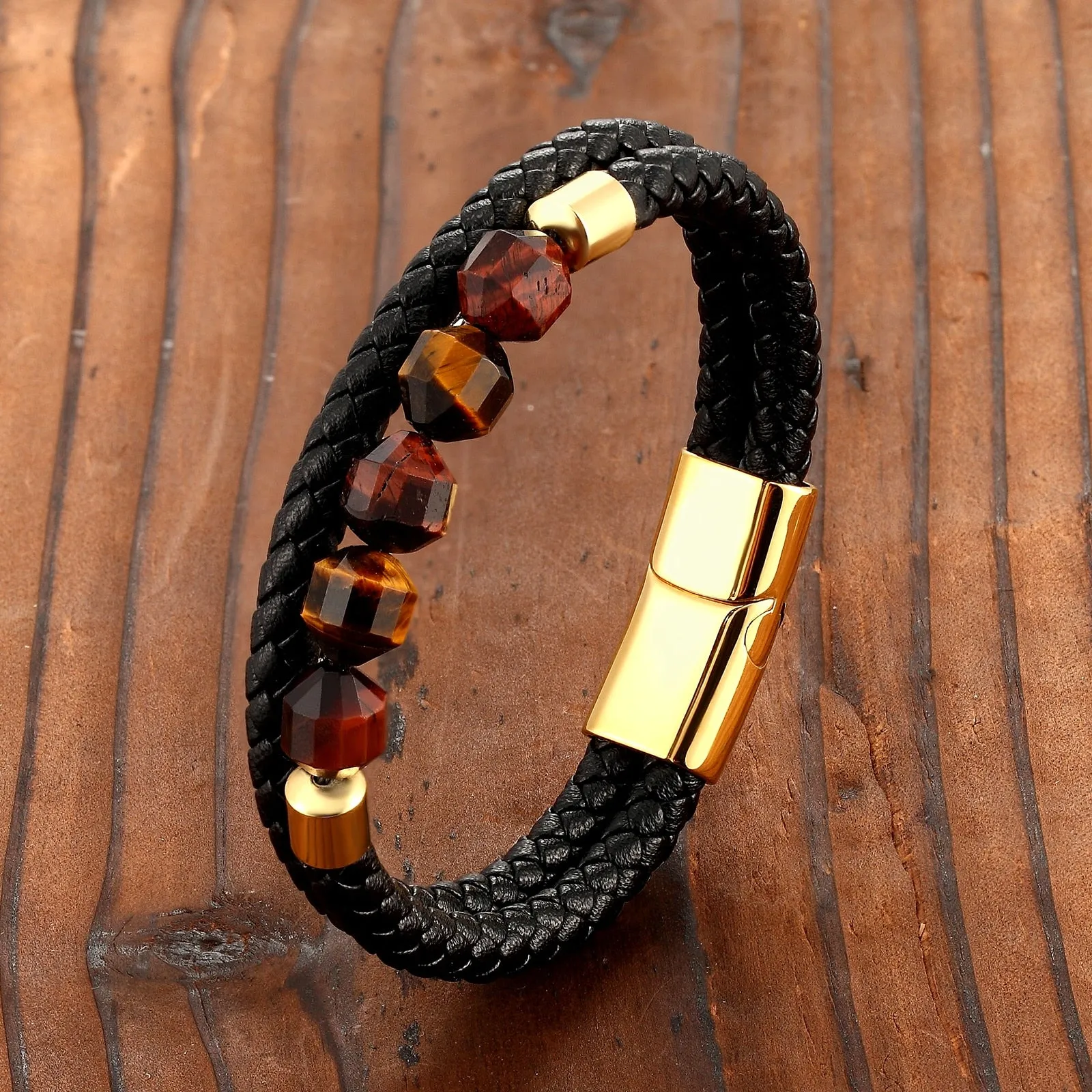 2021 New 10mm Cut Corner Natural Tiger's Eye Energy Bracelet Sweet And Romantic Couple Double-Layer Leather Rope 316 Stainless S