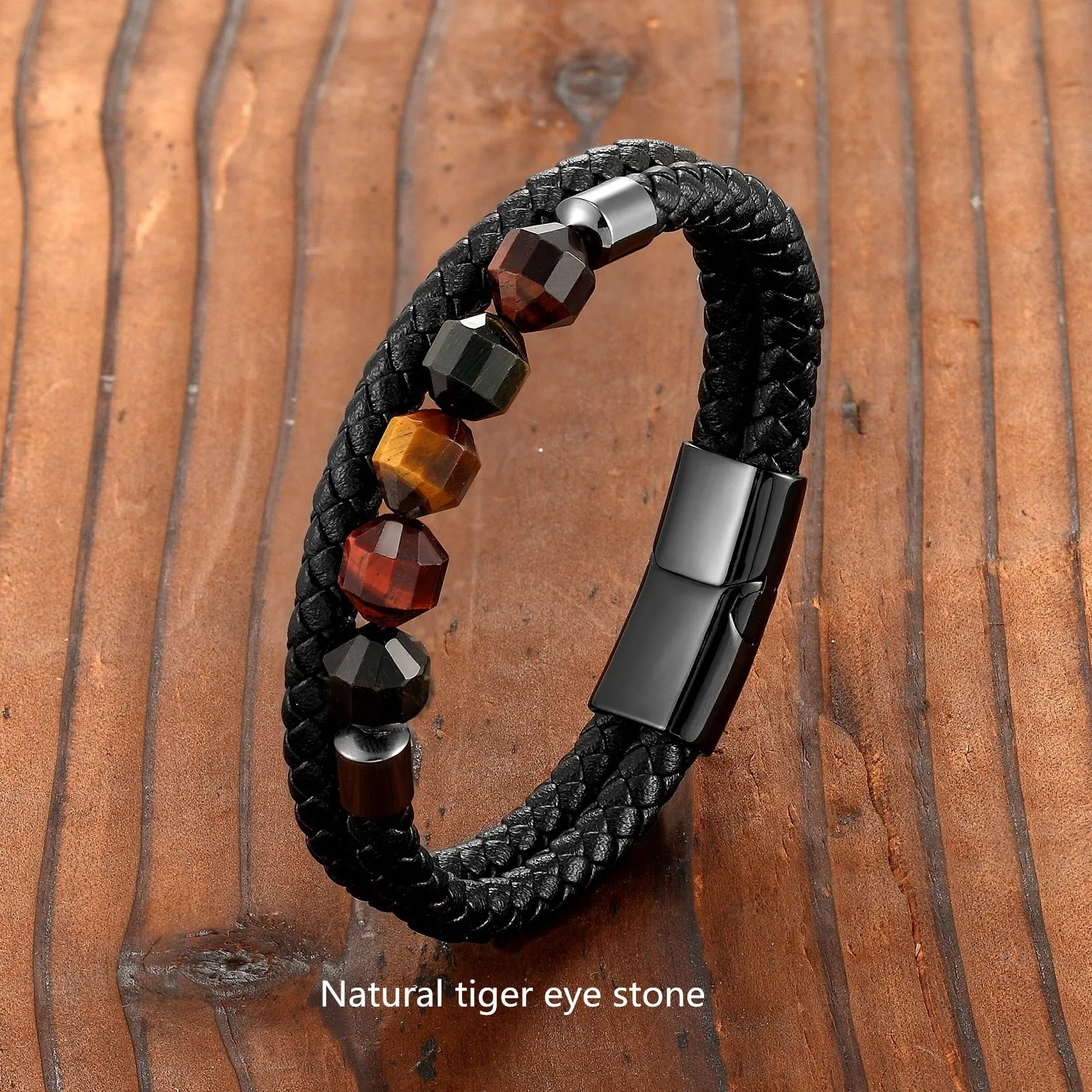 2021 New 10mm Cut Corner Natural Tiger's Eye Energy Bracelet Sweet And Romantic Couple Double-Layer Leather Rope 316 Stainless S