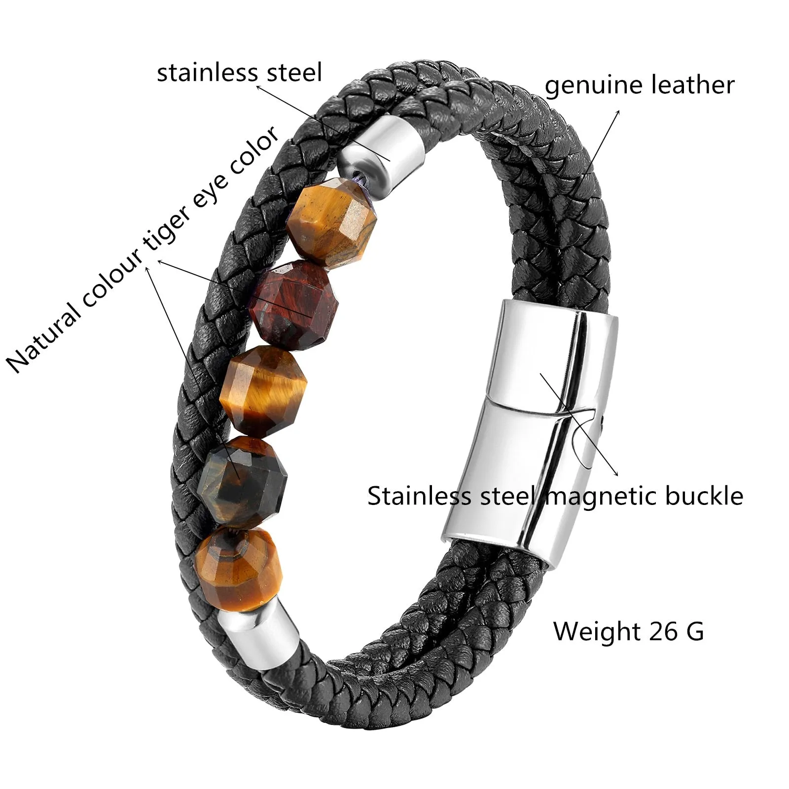 2021 New 10mm Cut Corner Natural Tiger's Eye Energy Bracelet Sweet And Romantic Couple Double-Layer Leather Rope 316 Stainless S