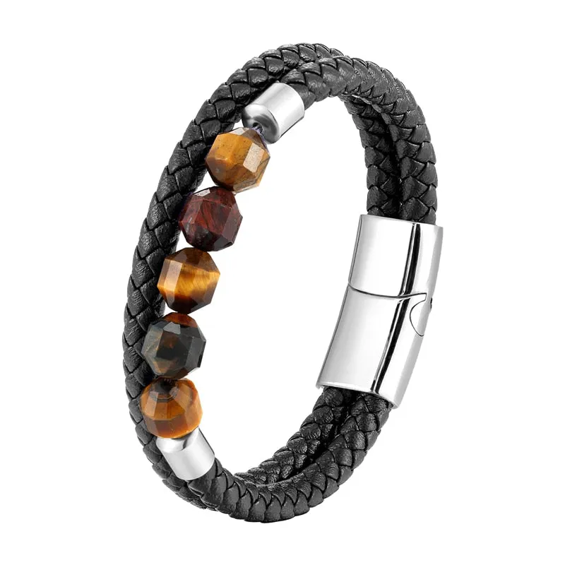 2021 New 10mm Cut Corner Natural Tiger's Eye Energy Bracelet Sweet And Romantic Couple Double-Layer Leather Rope 316 Stainless S