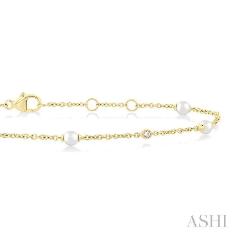 3 MM Round Shape Cultured Pearl and 1/20 ctw Round Cut Diamond Fashion Station Bracelet in 14K Yellow Gold