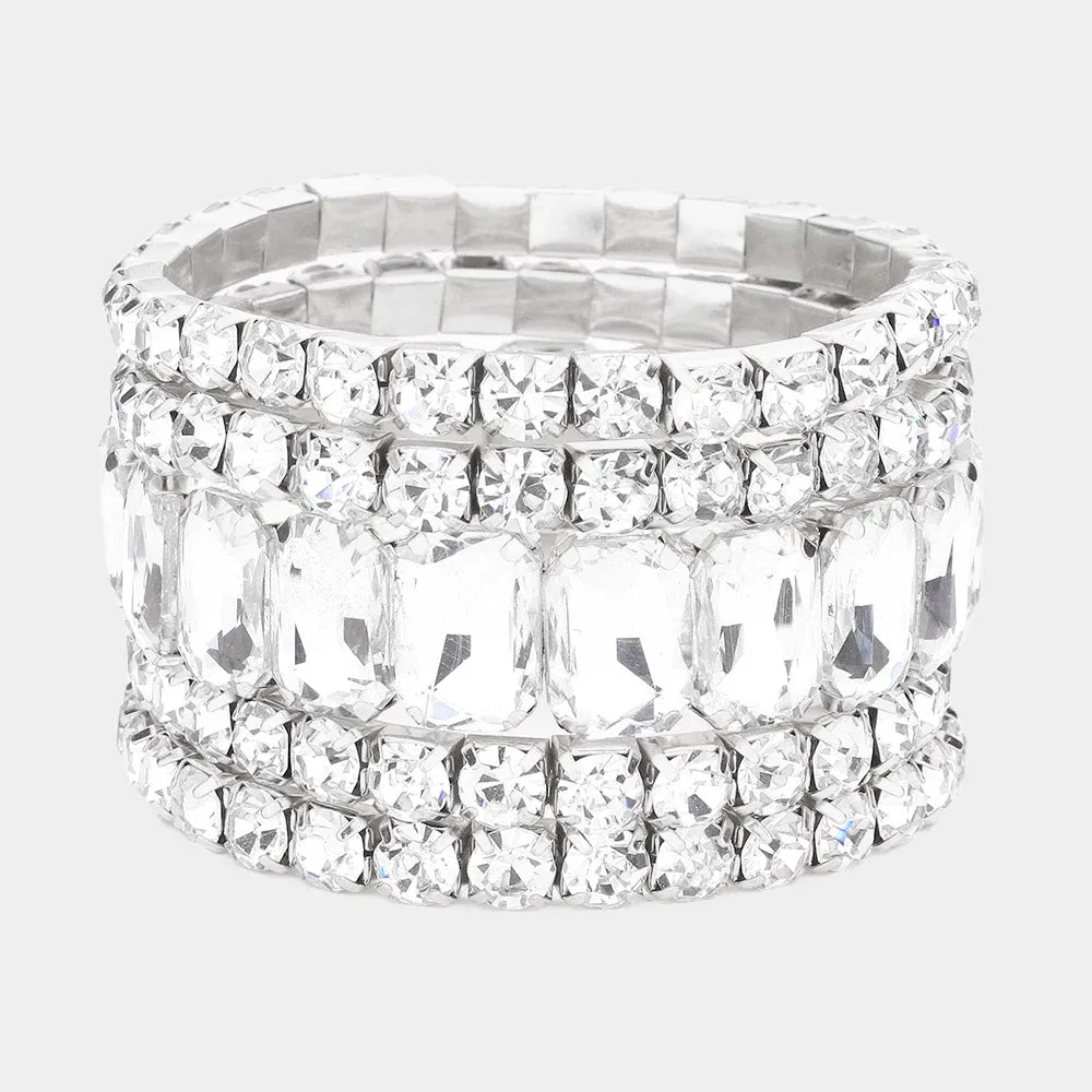 5 Pieces - Clear Stone Stretch Multi Layered Pageant Bracelets | Prom Jewelry |  564243
