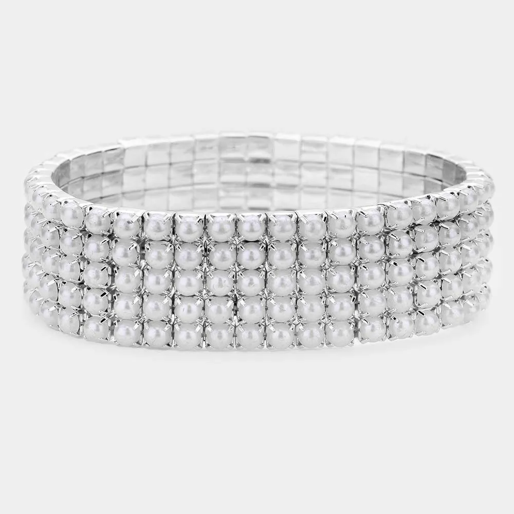 5 Row White Pearl Stretch Wedding Jewelry | Pearl Bridal Bracelet|  479289