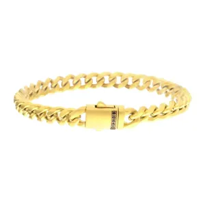 6mm 18K Gold Plated Stainless Steel Miami Cuban Matte Finish 8" Chain Bracelet with Genuine Black Sapphire 18K Gold Plated Box Clasp BR659GP-680