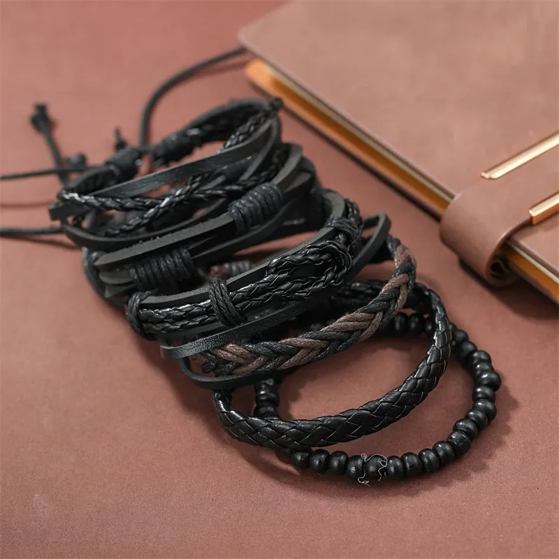 6pcs Men's Faux Leather Bracelets Twisted Minimalist Style