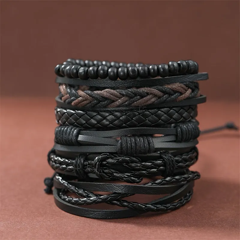 6pcs Men's Faux Leather Bracelets Twisted Minimalist Style