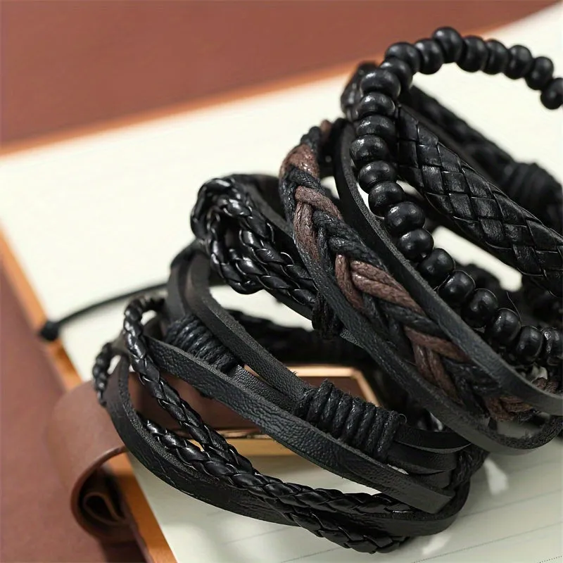 6pcs Men's Faux Leather Bracelets Twisted Minimalist Style
