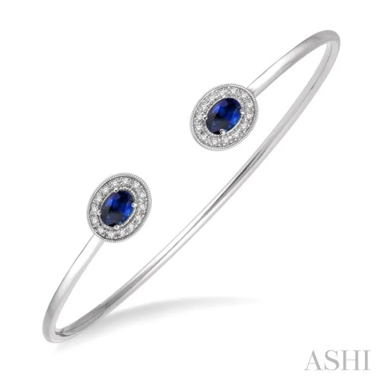 6x4 MM Oval Cut Sapphire & 1/5 ctw Round Cut Diamond Precious Flexi Bangle in 14K White Gold