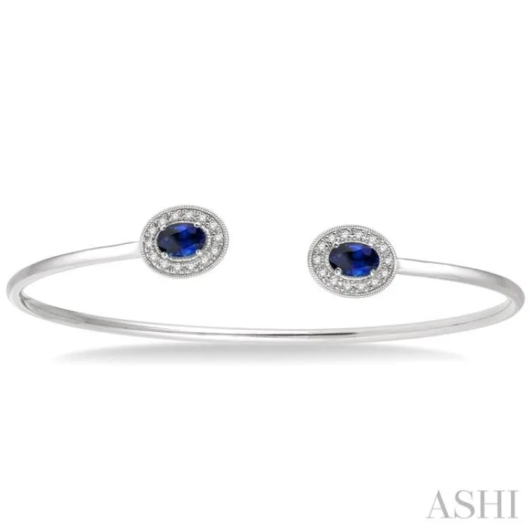 6x4 MM Oval Cut Sapphire & 1/5 ctw Round Cut Diamond Precious Flexi Bangle in 14K White Gold
