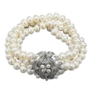 711-01-S |TRIPLE STRAND STERLING & PEARL MEDALLION BRACELET