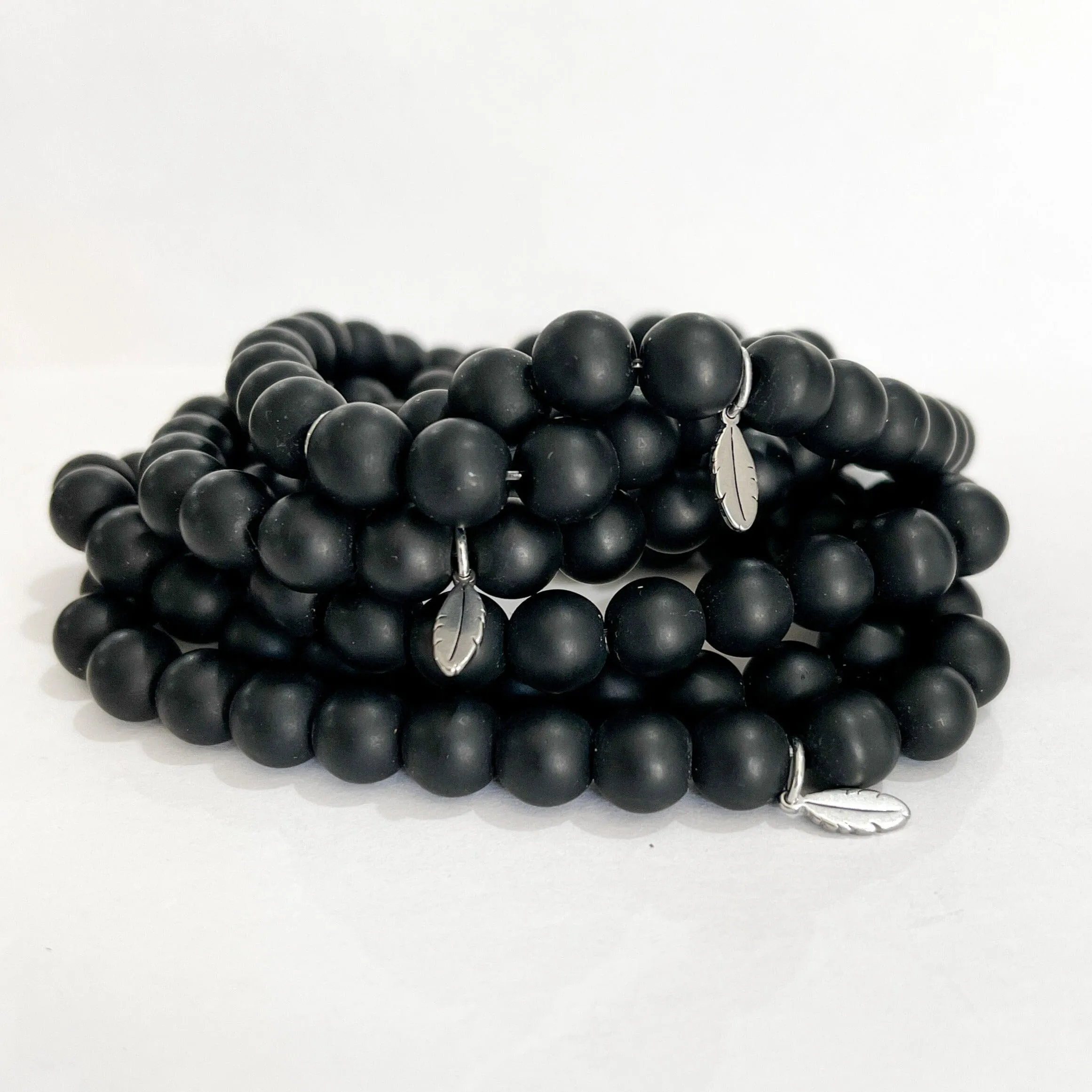 8mm Black Onyx Bead Bracelet | Tiny Feather Charm |8mm | Natural Gemstone | Womens