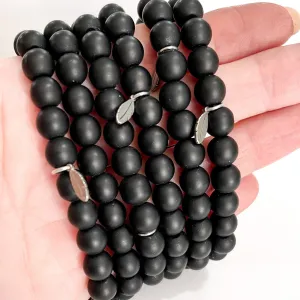 8mm Black Onyx Bead Bracelet | Tiny Feather Charm |8mm | Natural Gemstone | Womens