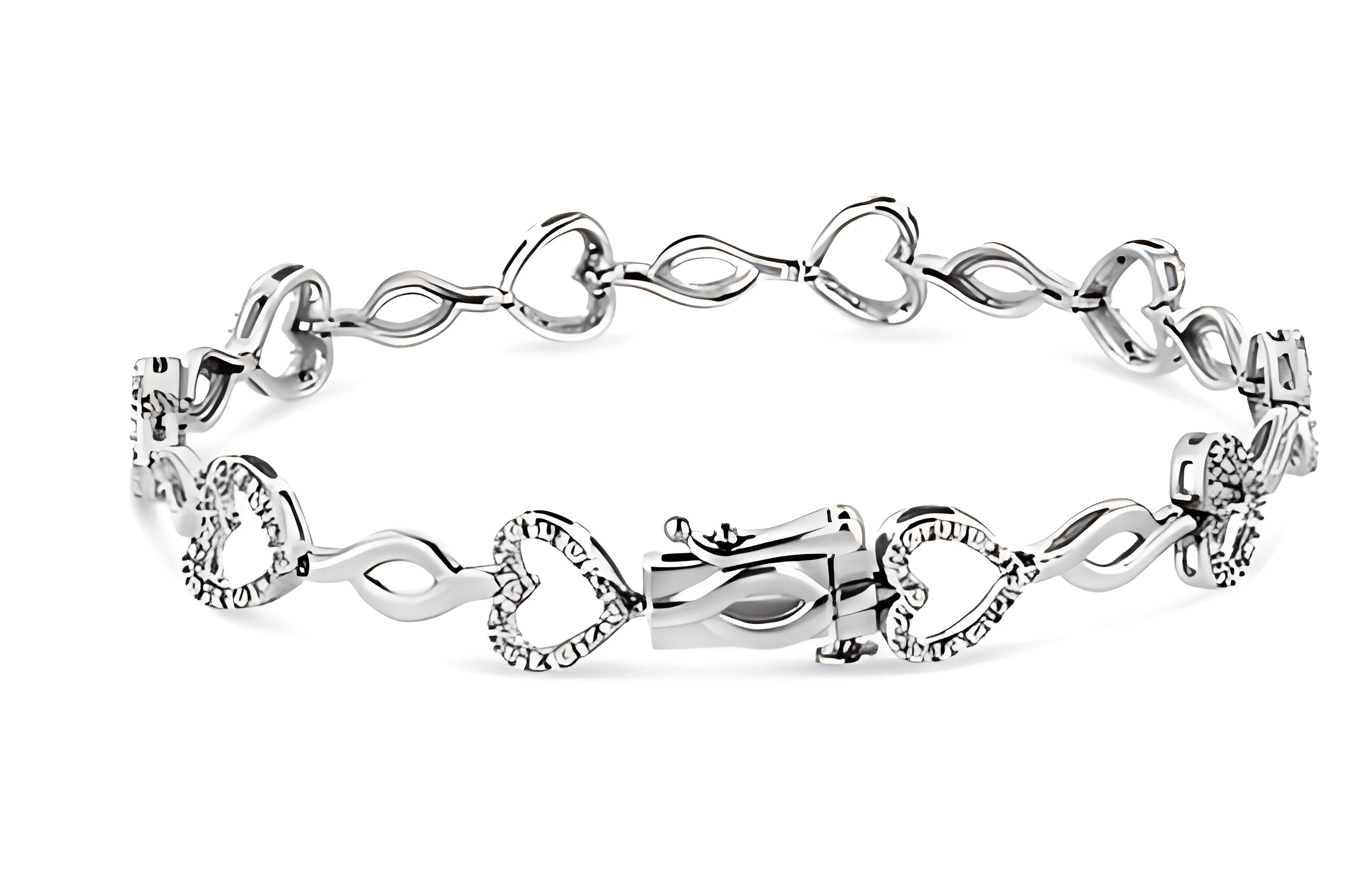 .925 Sterling Silver 1/4 Cttw Round-Cut Diamond Alternating Heart and Leaf Link Bracelet (I-J Color, I3 Clarity) - Size 7.25"