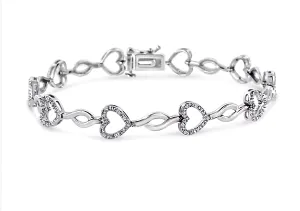 .925 Sterling Silver 1/4 Cttw Round-Cut Diamond Alternating Heart and Leaf Link Bracelet (I-J Color, I3 Clarity) - Size 7.25"
