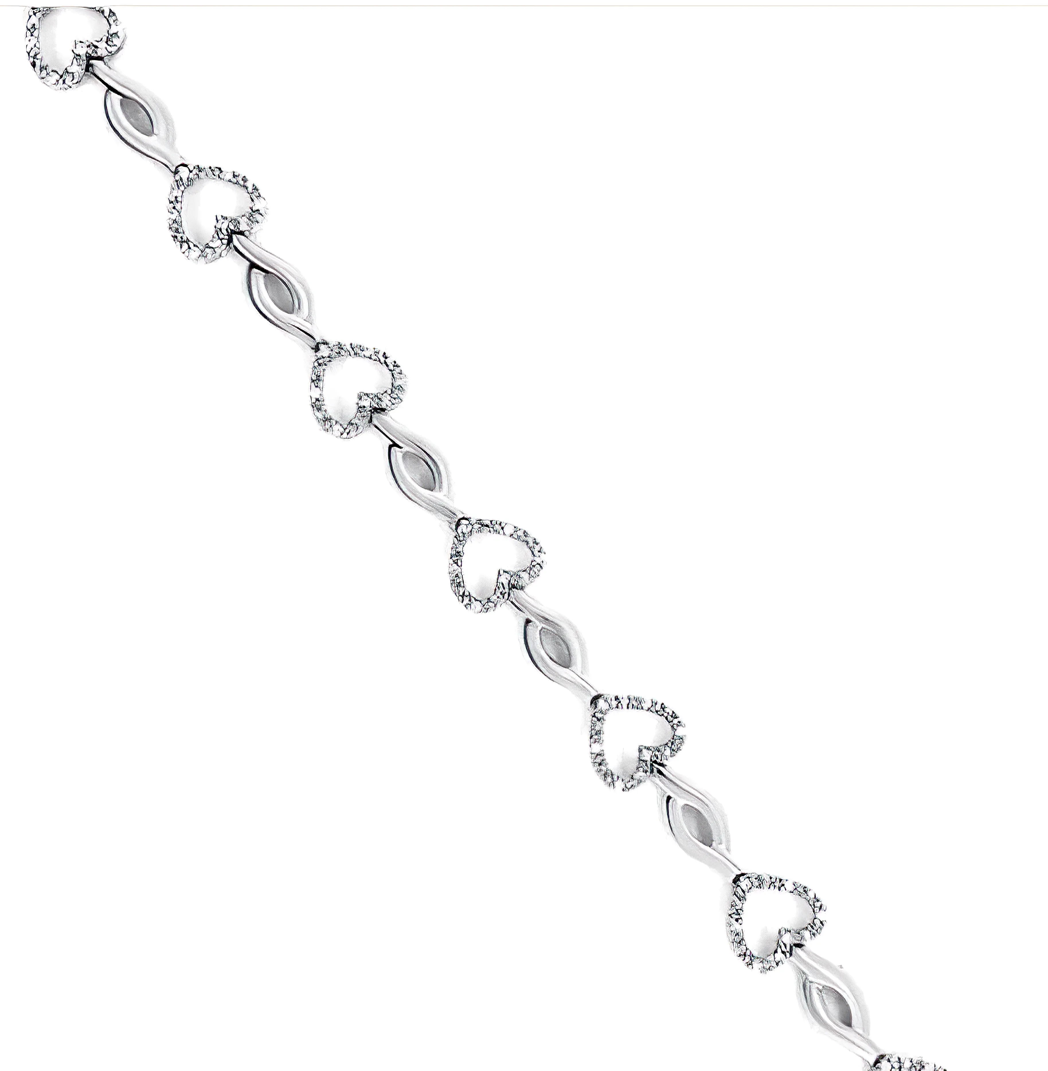.925 Sterling Silver 1/4 Cttw Round-Cut Diamond Alternating Heart and Leaf Link Bracelet (I-J Color, I3 Clarity) - Size 7.25"