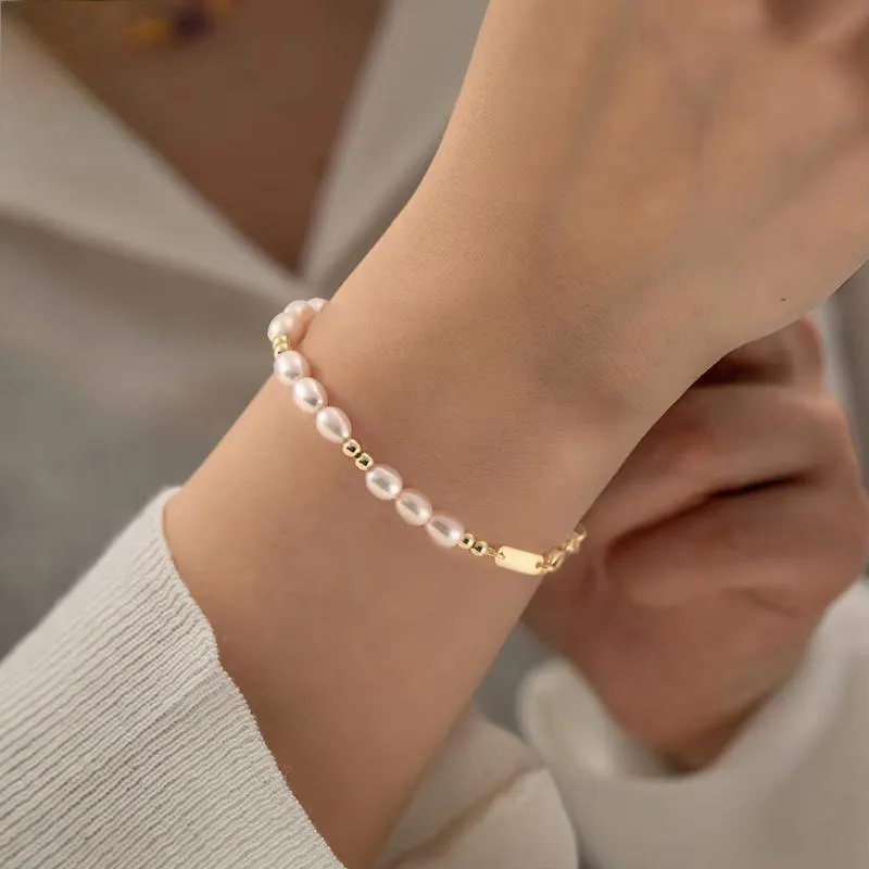 925 Sterling Silver Vintage Chunky 5mm Rice Pearl Bracelet for Women