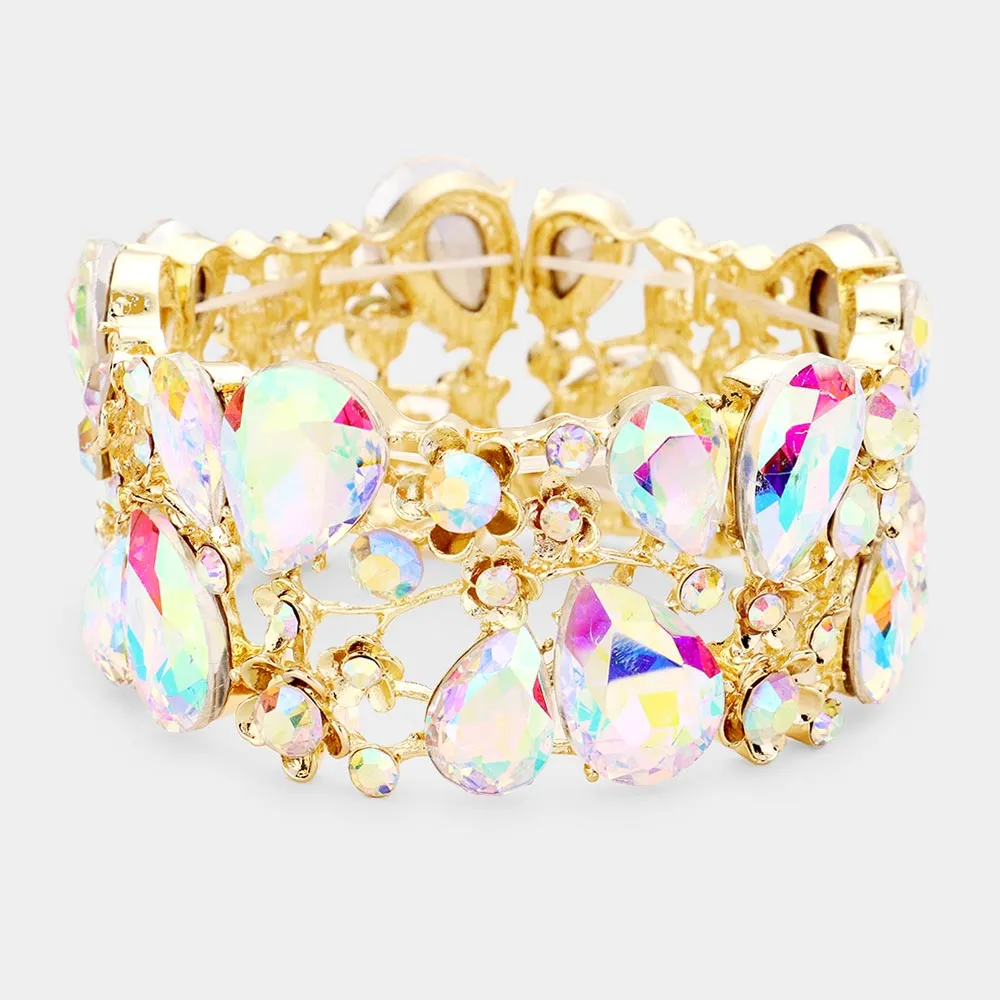 AB Crystal Teardrop Floral Stretch Bracelet on Gold |  426861