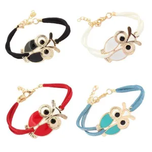 Alloy Owl Charm Sideways Leather Bracelets With an Adjustable String Bracelet