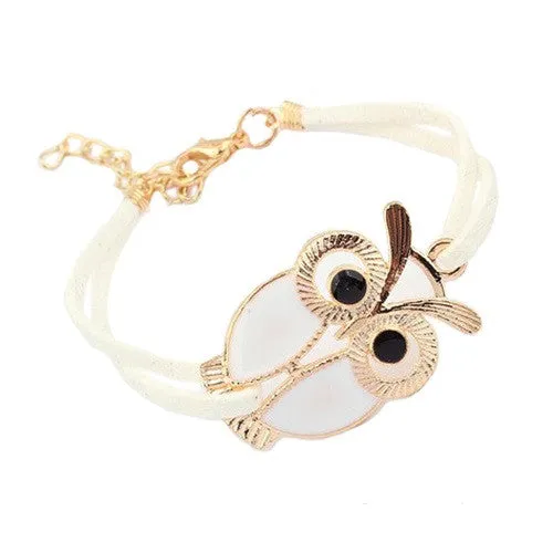 Alloy Owl Charm Sideways Leather Bracelets With an Adjustable String Bracelet