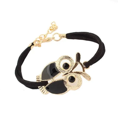 Alloy Owl Charm Sideways Leather Bracelets With an Adjustable String Bracelet