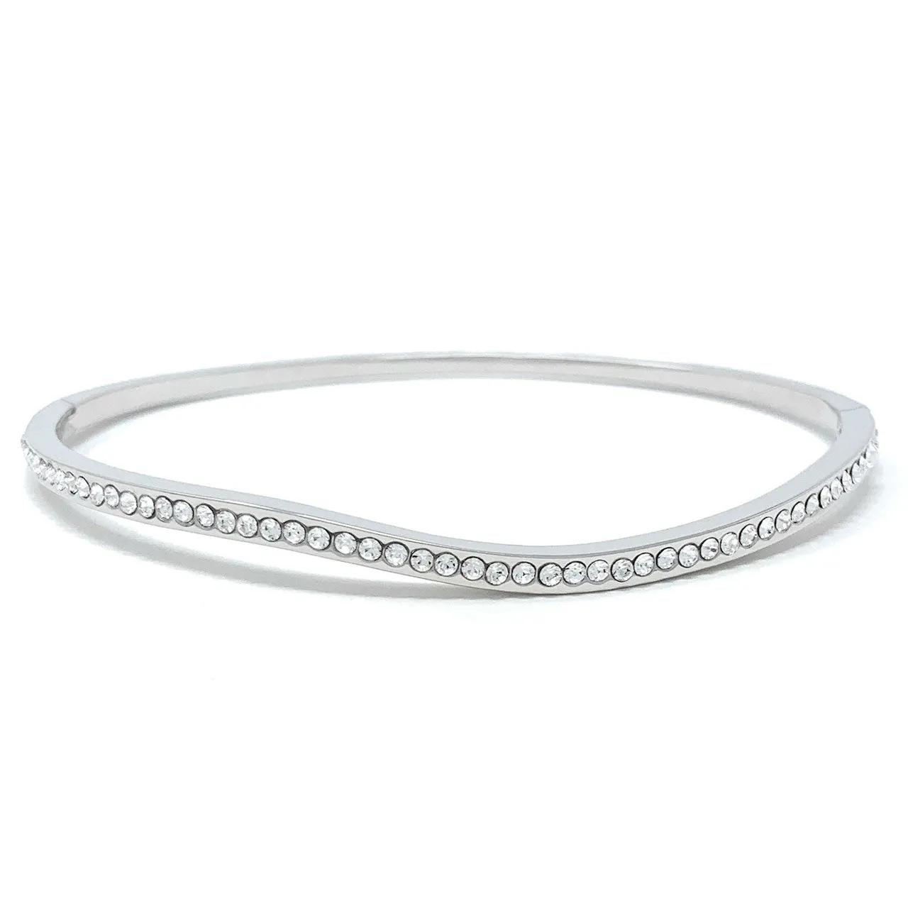 Amelia Curve Pave Bangle Bracelet with White Clear Round Crystals from Swarovski Silver Toned Rhodium Plated