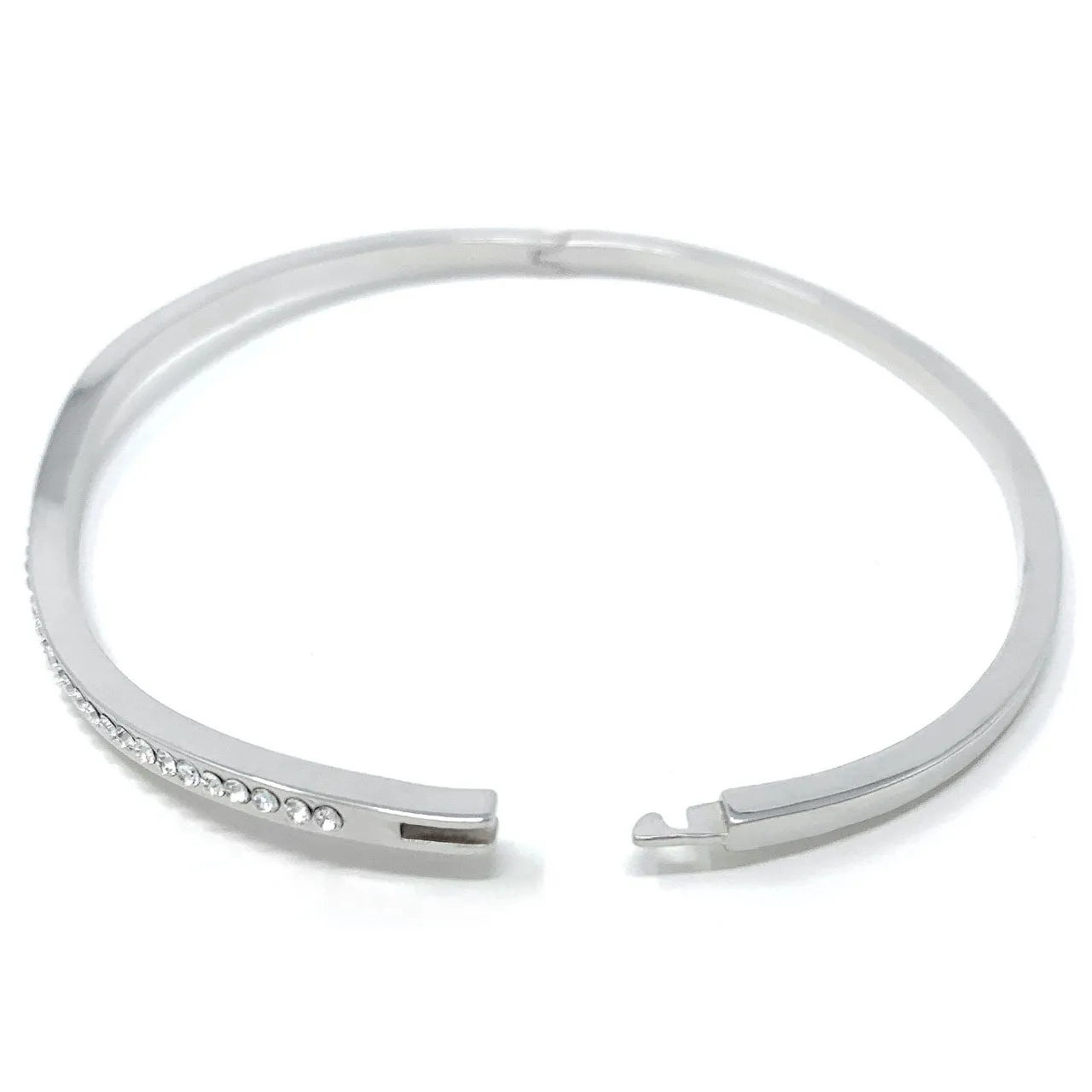Amelia Curve Pave Bangle Bracelet with White Clear Round Crystals from Swarovski Silver Toned Rhodium Plated