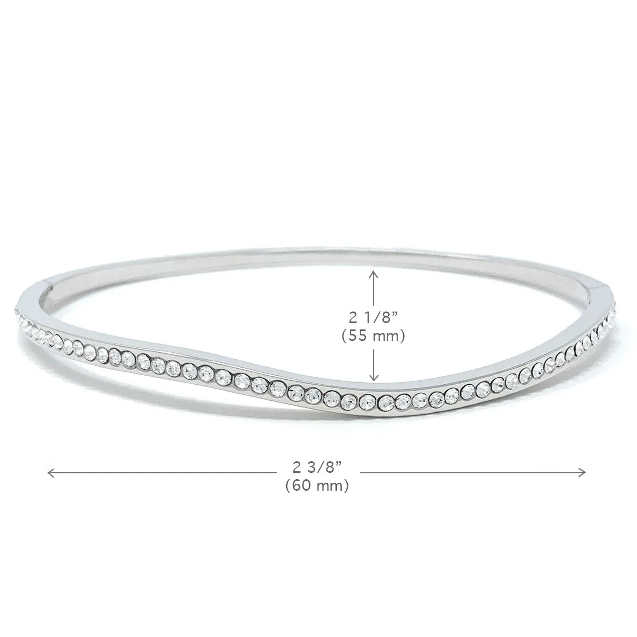 Amelia Curve Pave Bangle Bracelet with White Clear Round Crystals from Swarovski Silver Toned Rhodium Plated