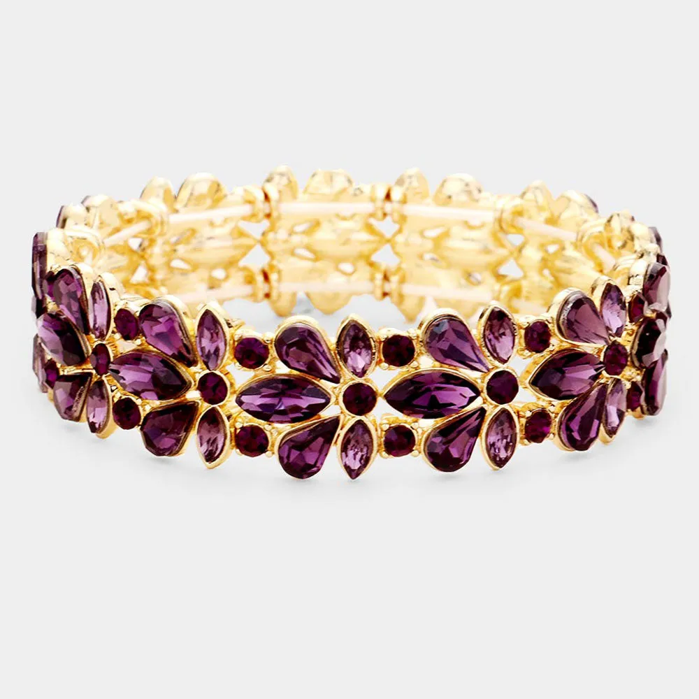 Amethyst Crystal Flower Stretch Pageant Bracelet  | Prom Bracelet | 426790