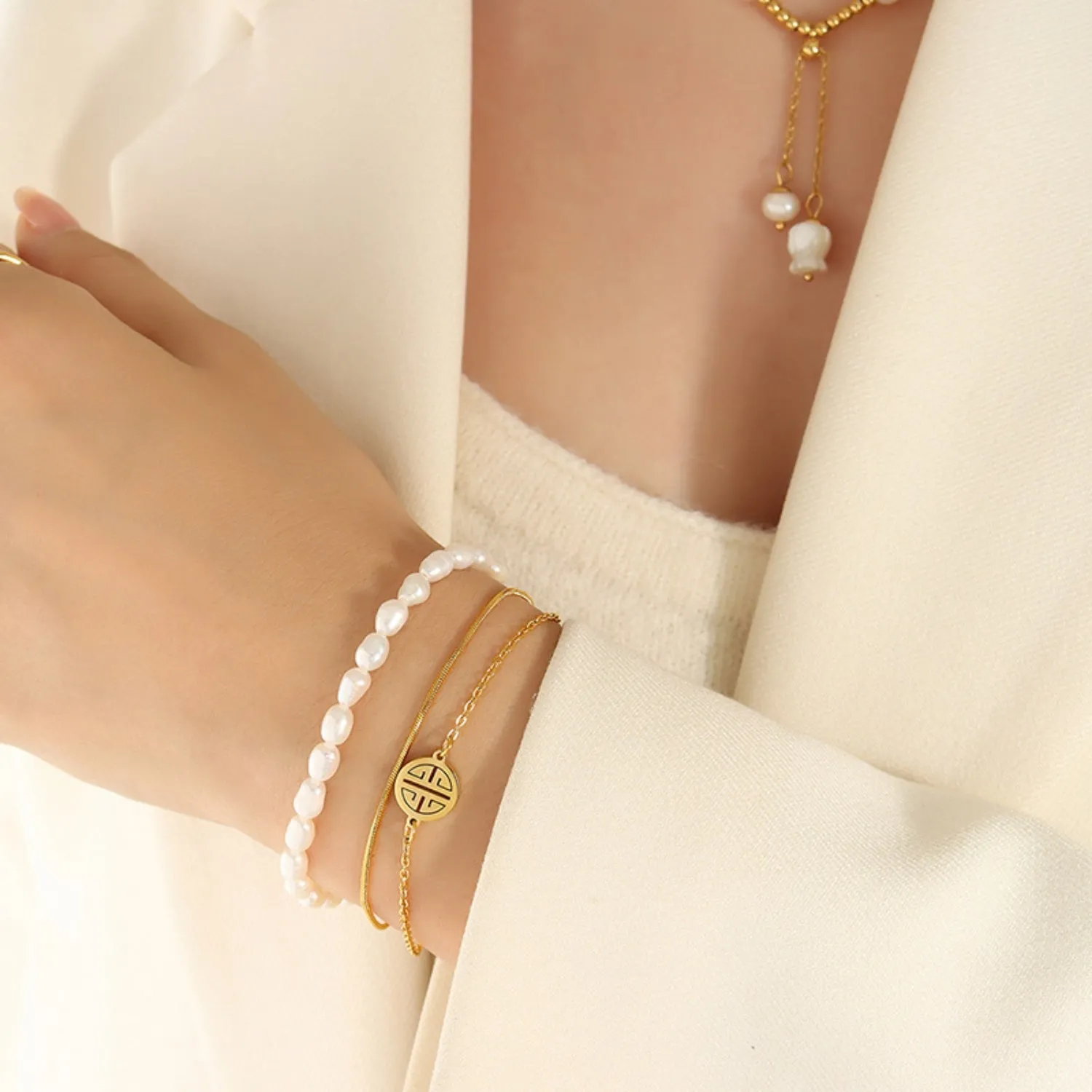 Amy Titanium Steel Three-Layered Pearl Bracelet