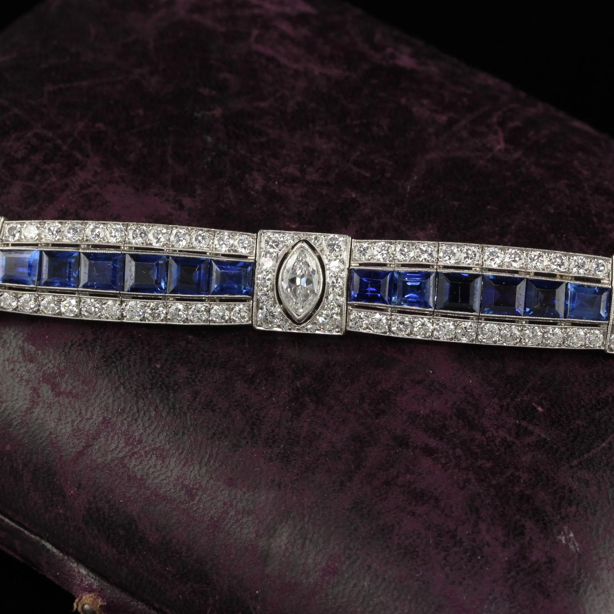 Antique Art Deco Platinum Old Euro Diamond Marquise Sapphire Bracelet - GIA