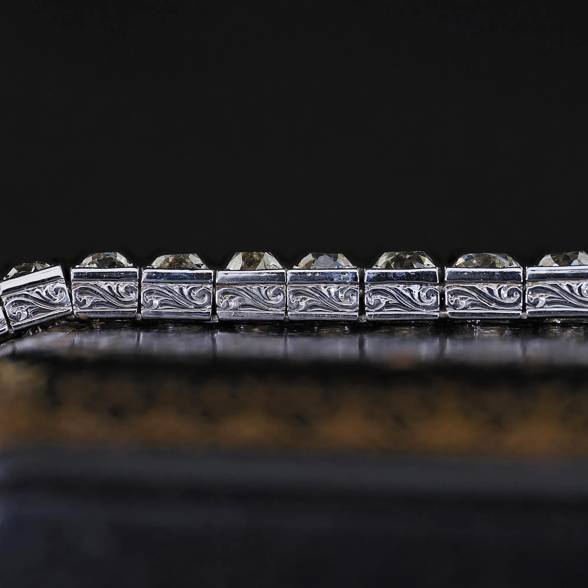 Antique Art Deco Platinum Old Mine Graduated Diamond Engraved Tennis Bracelet