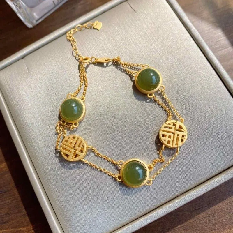 Antique Jade Bracelet 14k Yellow Gold For Women Jewelry