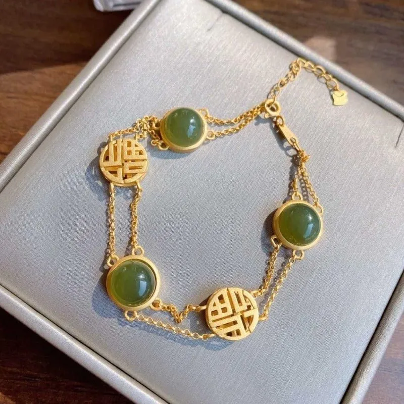 Antique Jade Bracelet 14k Yellow Gold For Women Jewelry