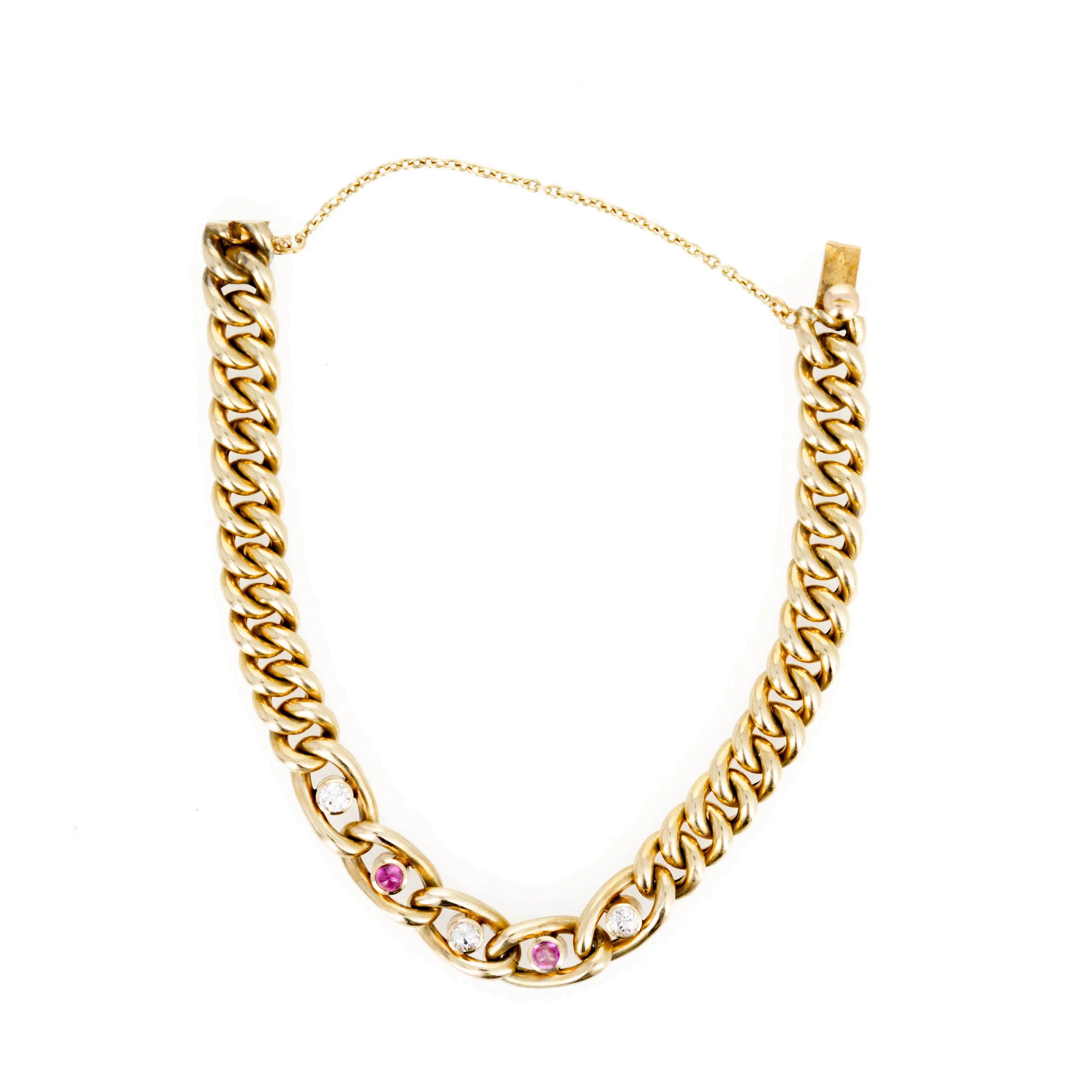 Antique Victorian 18K Yellow Gold Ruby Diamond Curb Link Bracelet