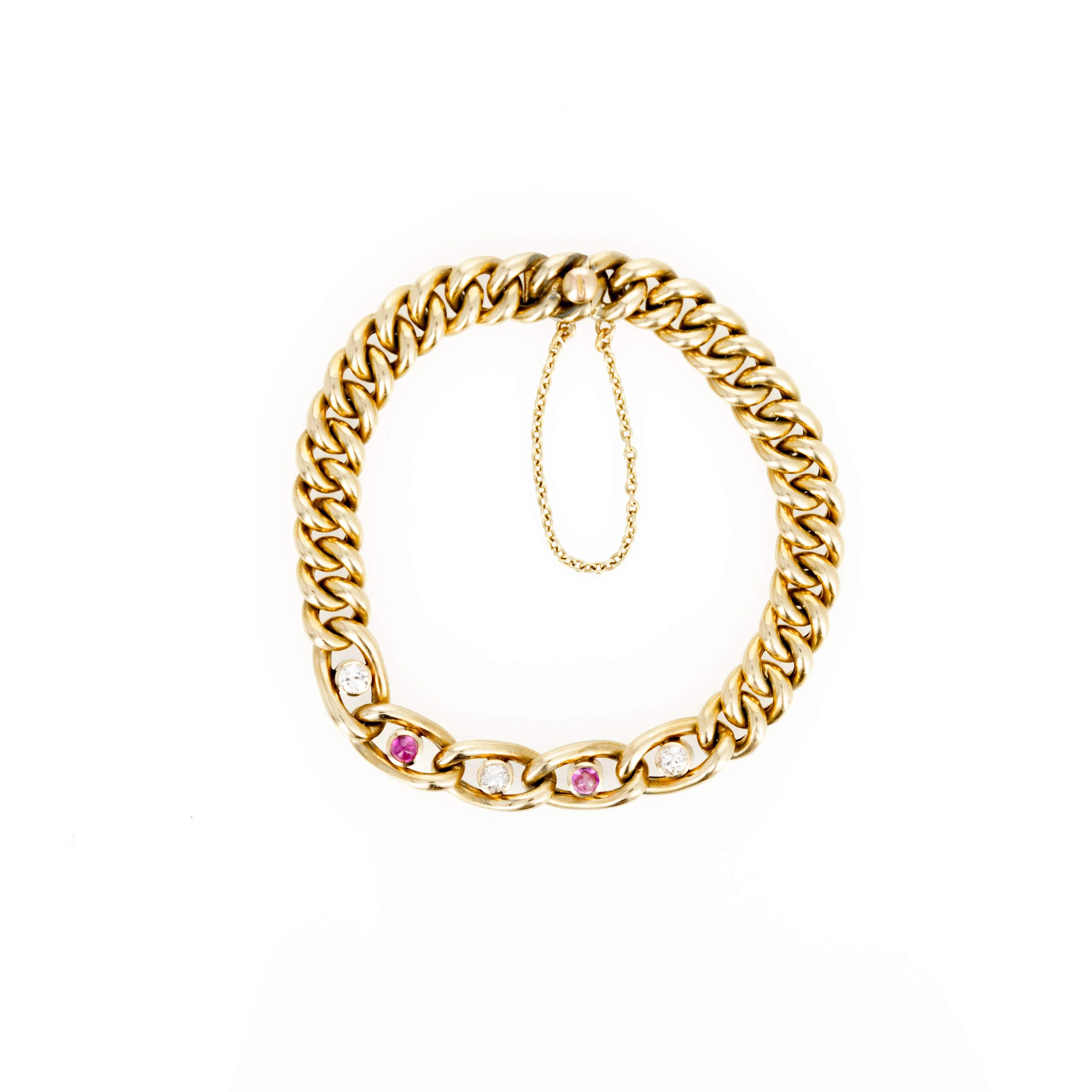 Antique Victorian 18K Yellow Gold Ruby Diamond Curb Link Bracelet