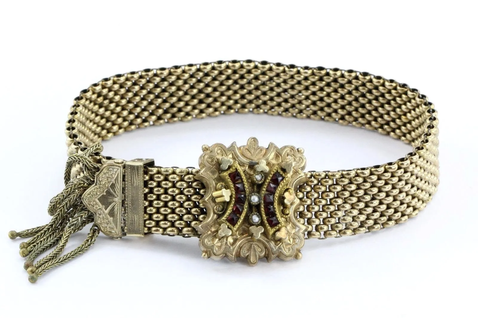 Antique Victorian GF Gold Filled Adjustable Garnet & Seed Pearl Tassel Bracelet