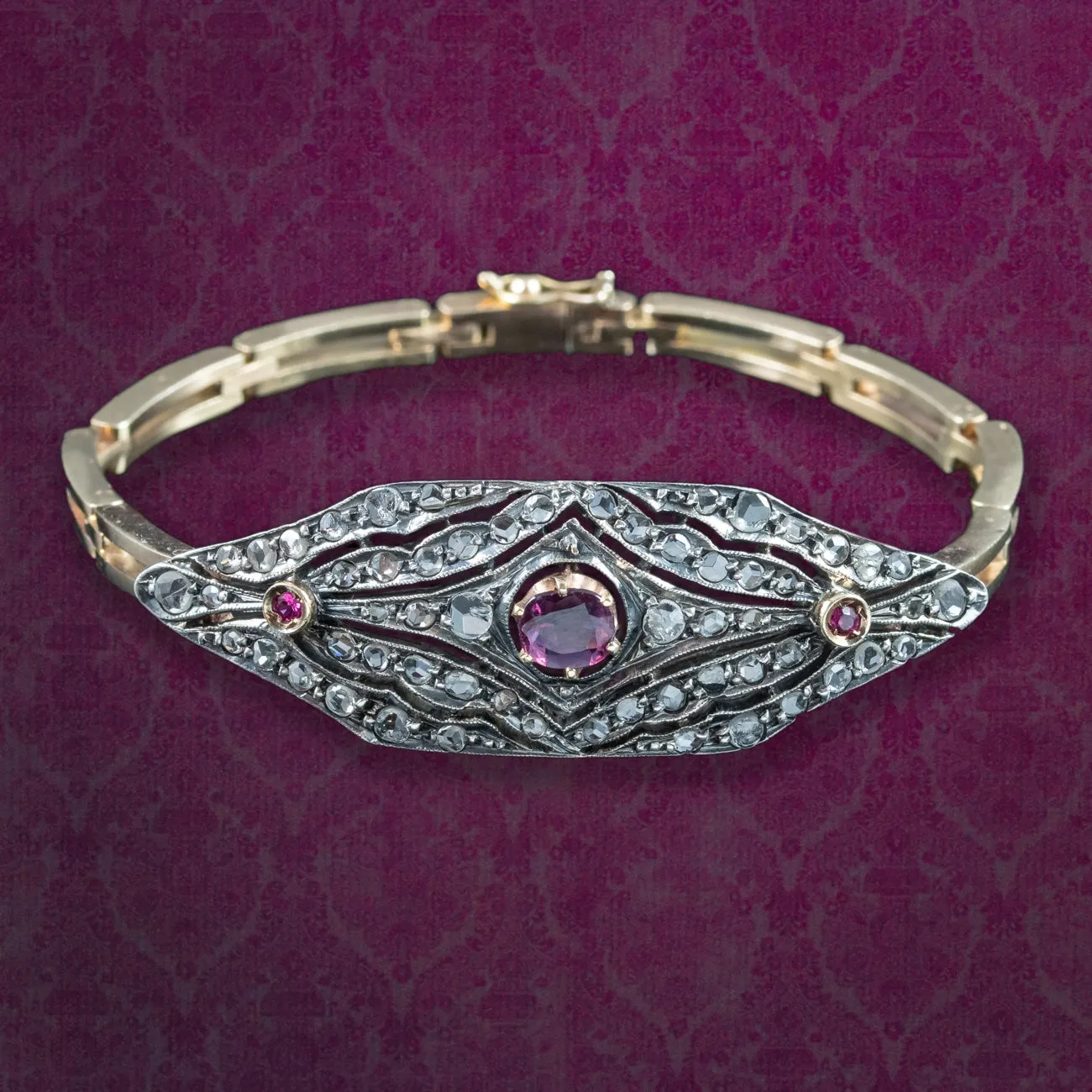 Antique Victorian Ruby Diamond Cluster Bracelet Silver 15ct Gold