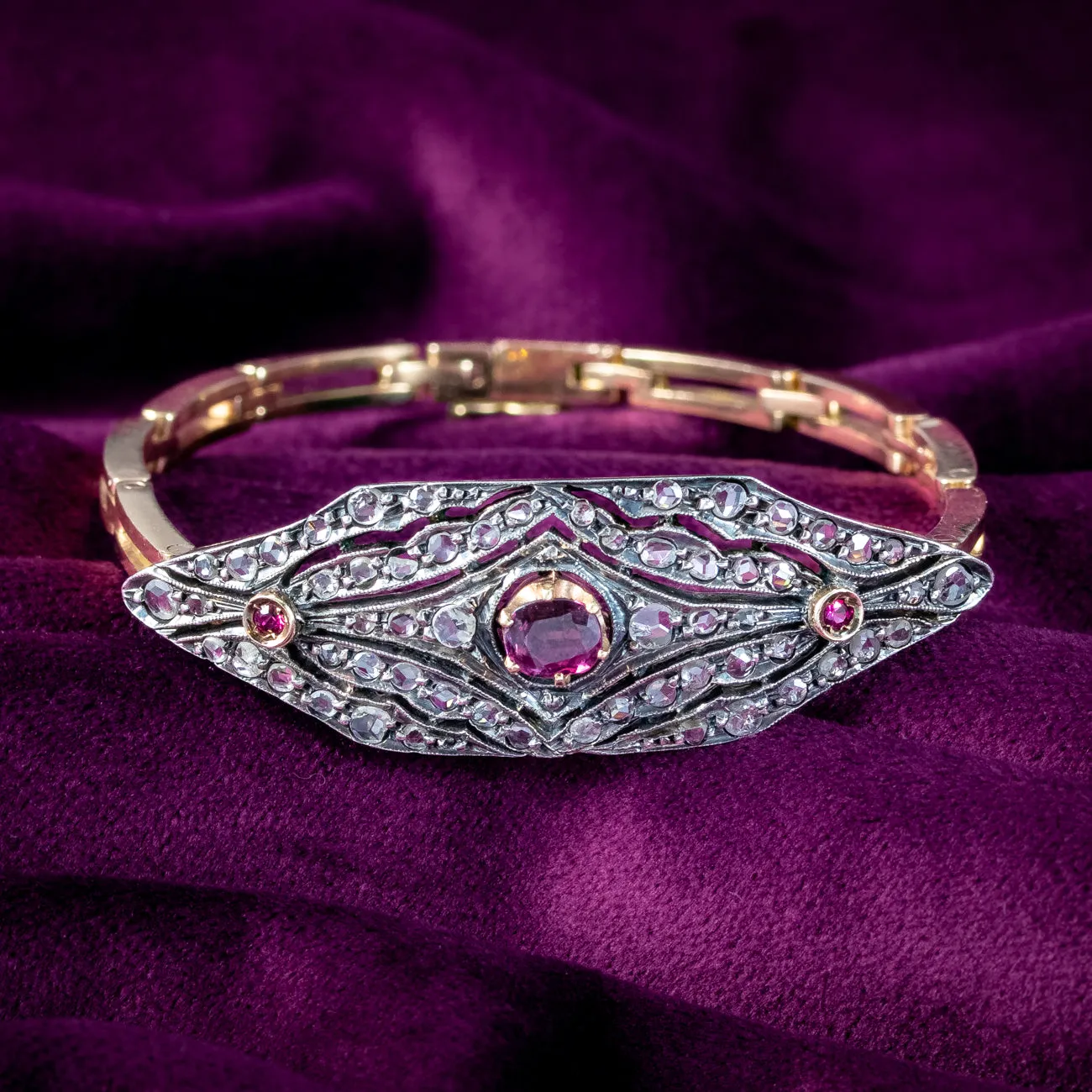Antique Victorian Ruby Diamond Cluster Bracelet Silver 15ct Gold