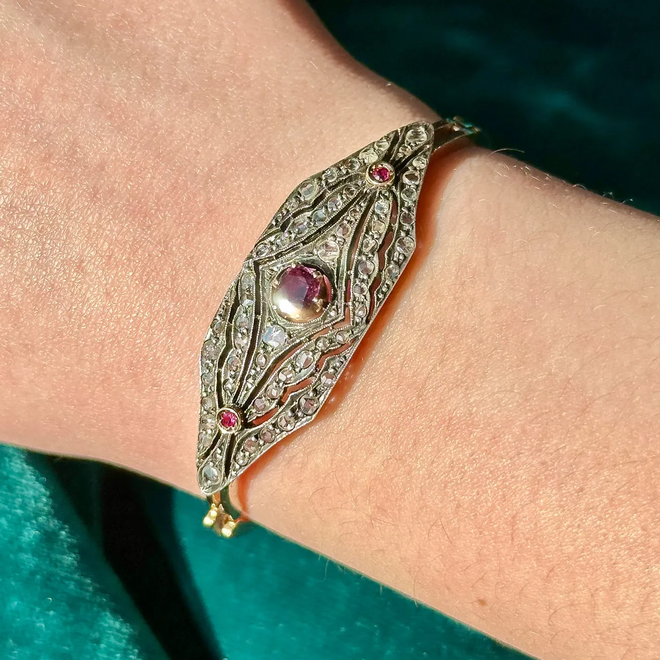 Antique Victorian Ruby Diamond Cluster Bracelet Silver 15ct Gold